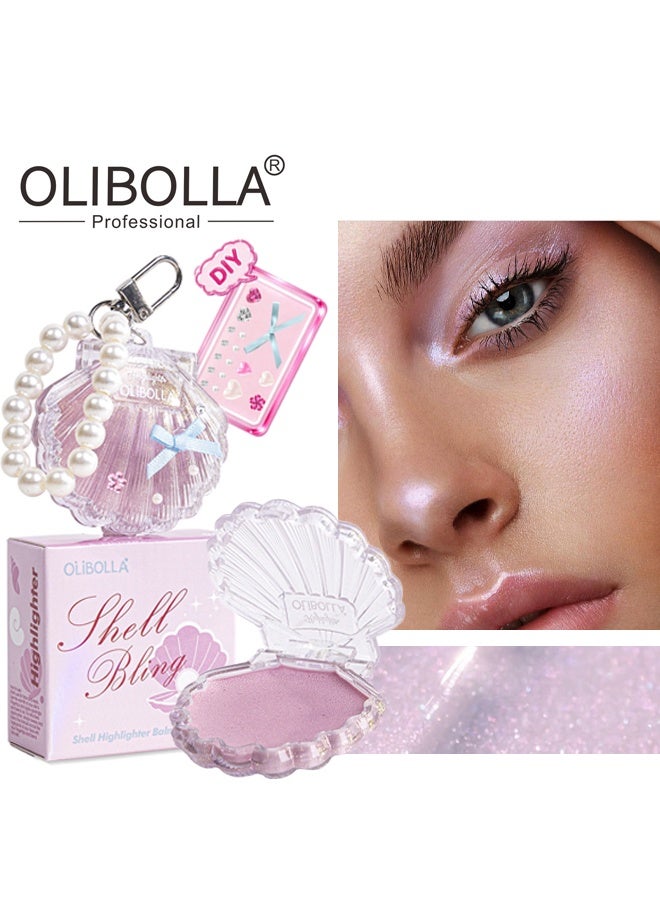 OLIBOLLA Shell Highlighter Balm-Cute Pearl Charms Keychain, Glitter Highlighter Makeup,Natural Glow Finish,Long Lasting Face Illuminator,Gift for Women,Girl - Image 1